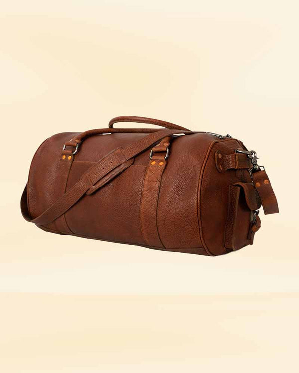A front and back view of our leather travel duffle bag, showing its functionality and design for the American market
