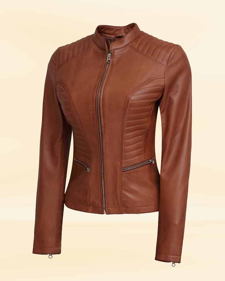 Stylish and Feminine Café Racer Women's Fitted Leather Jacket, available in the USA market.