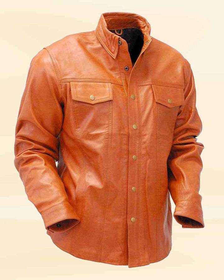 The premium quality leather of our Waxy Distressed Light Brown Leather Shirt, perfect for the American market