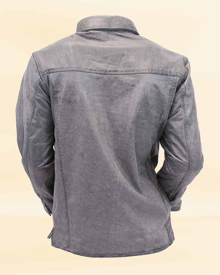The premium quality leather of our Men's Vintage Gray Leather Shirt, perfect for the American market