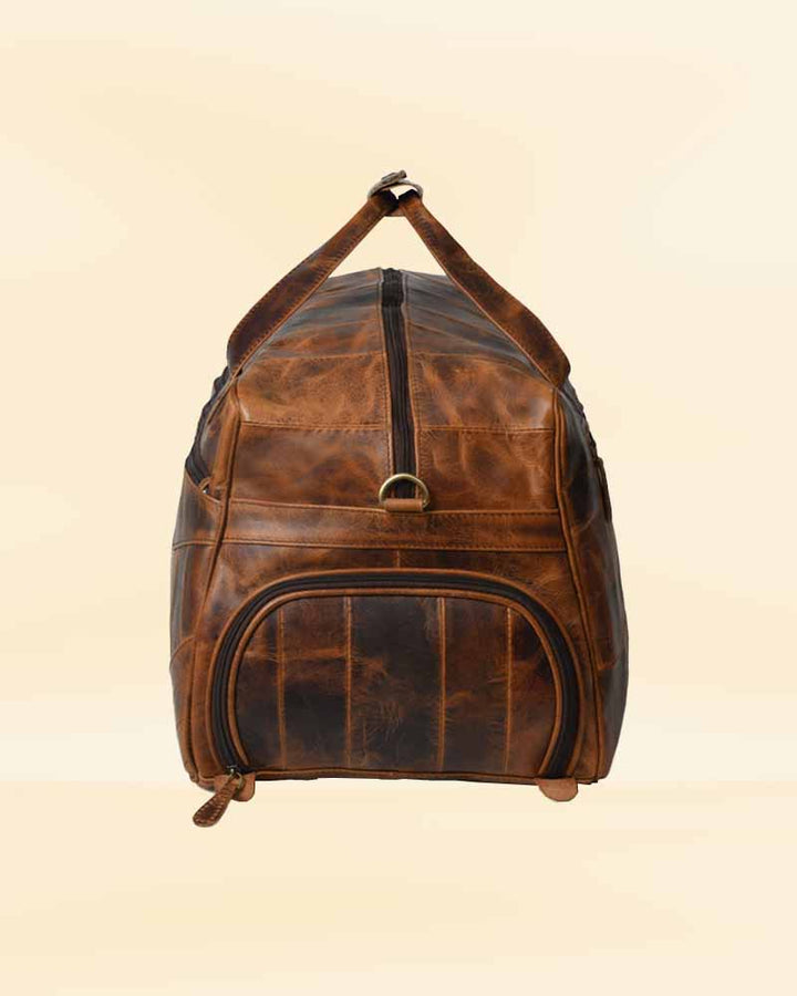 A front and back view of our leather duffel bag, showing its functionality and design for the American market