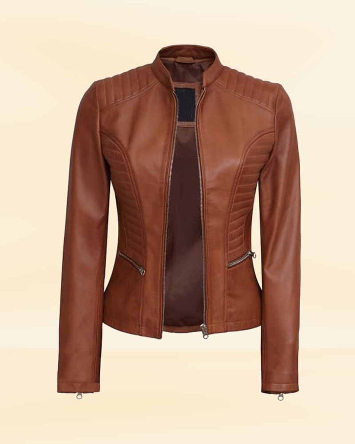 Experience luxury and comfort with the premium Café Racer Women's Fitted Leather Jacket, specially designed for the USA market.