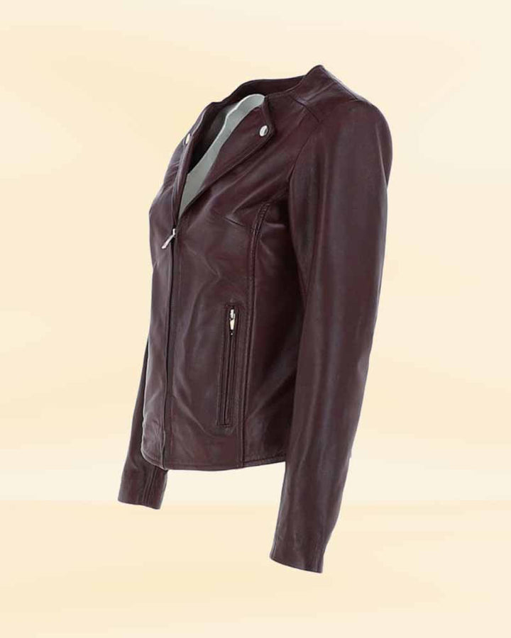 Classic women's leather biker jacket in burgundy for timeless style