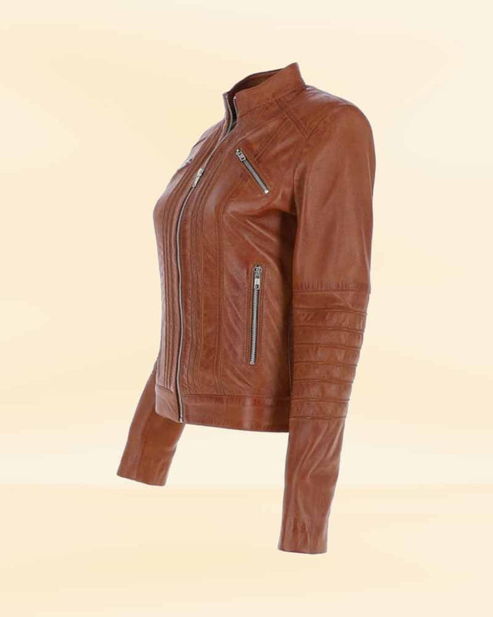 Women's leather biker jacket in tan color