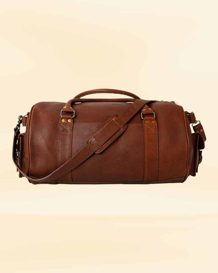 Our leather travel duffle bag in a travel setting, ideal for the American traveler looking for a stylish and functional bag
