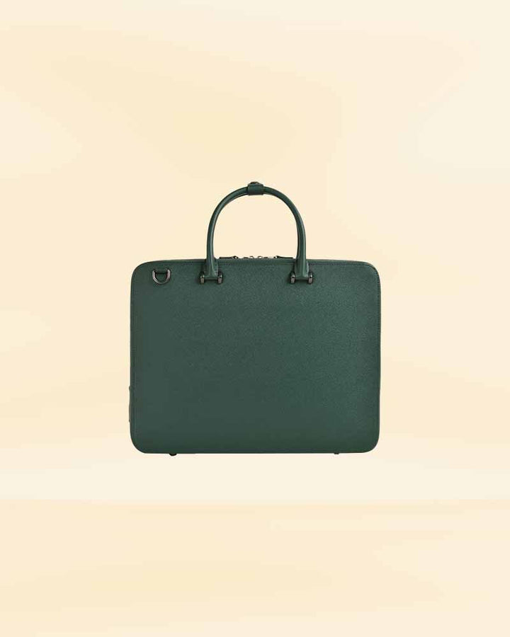 Elegant green leather briefcase with ample storage space