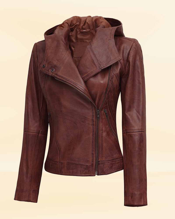 Stylish asymmetrical brown leather jacket with hood for women