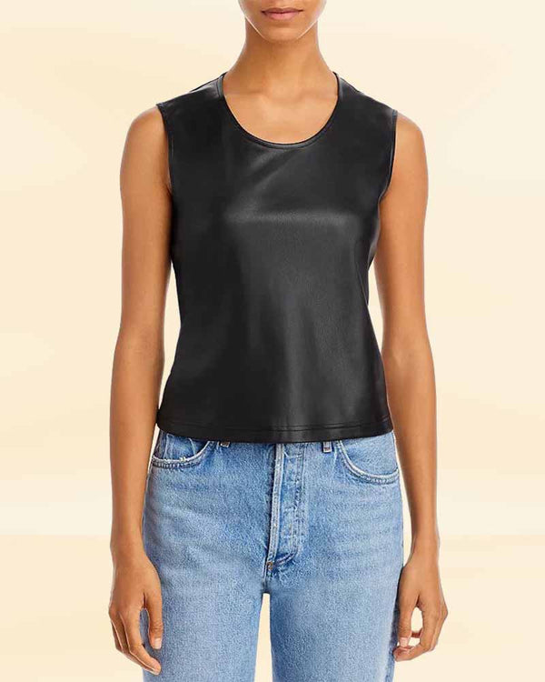 Fashionable black leather front tank top for women