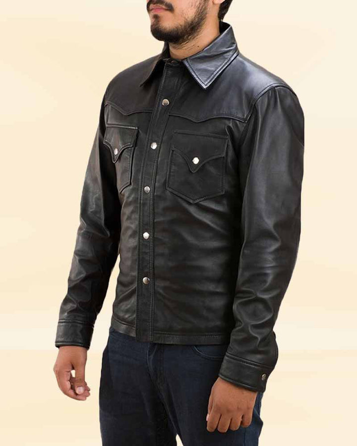 The sleek and modern design of our Ranchson Black Leather Shirt, perfect for the American consumer