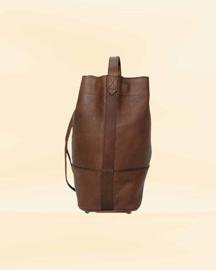 A front and back view of our leather bucket bag, showing its functionality and design for the American market