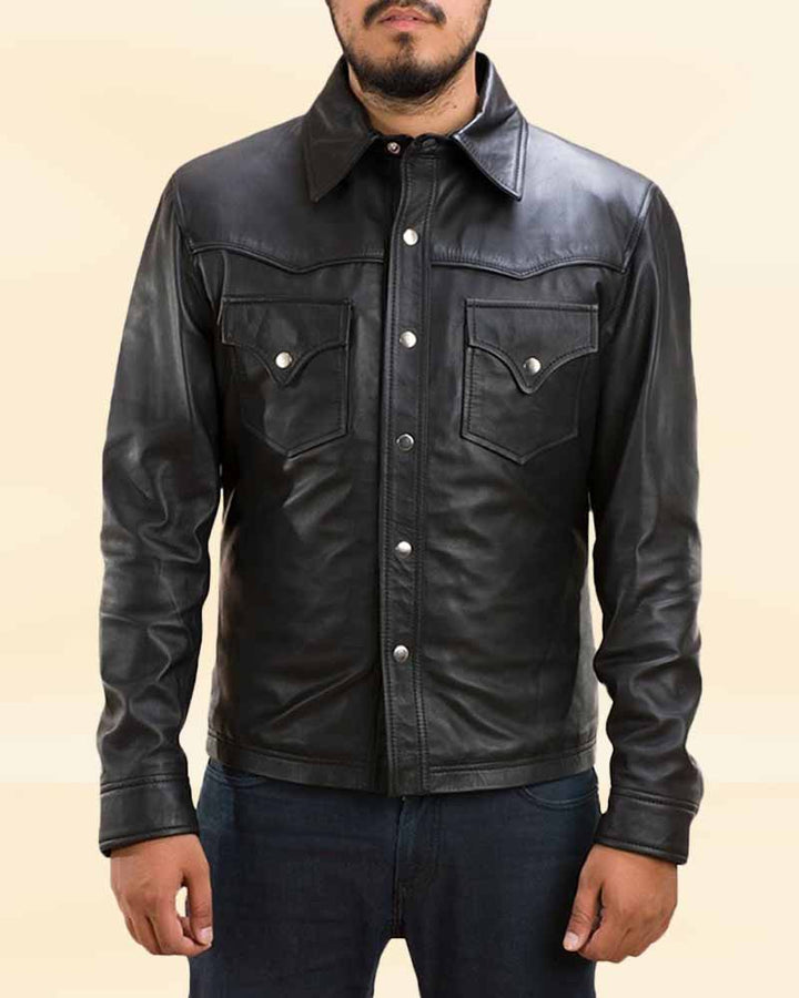 The versatility of our Ranchson Black Leather Shirt, perfect for the American market