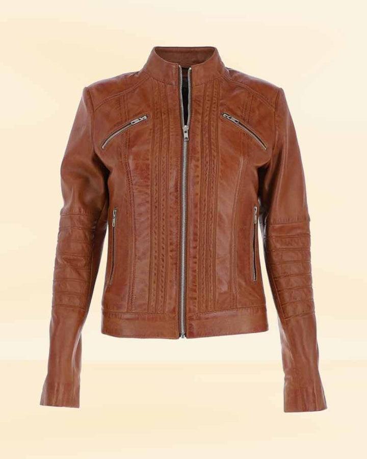 Fashionable tan leather jacket for women