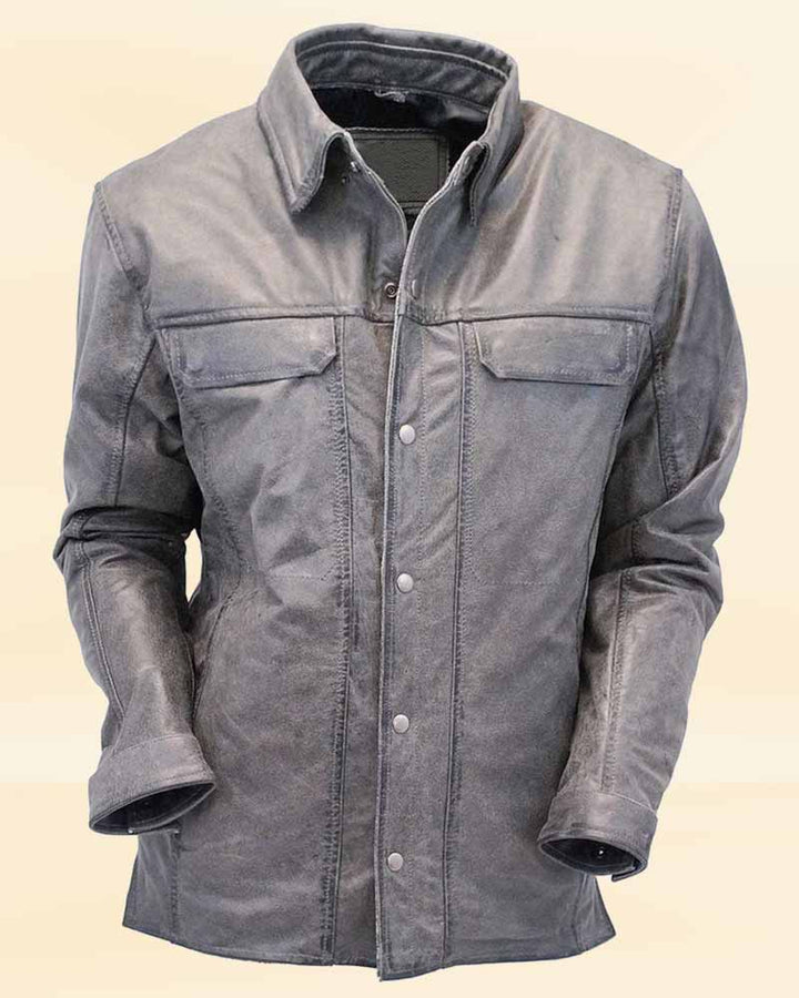 The timeless design of our Men's Vintage Gray Leather Shirt with Concealed Pockets, perfect for the American market