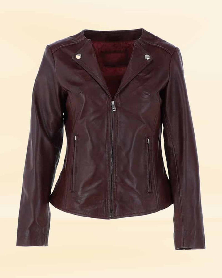 Expertly designed women's leather biker jacket in burgundy for the American market