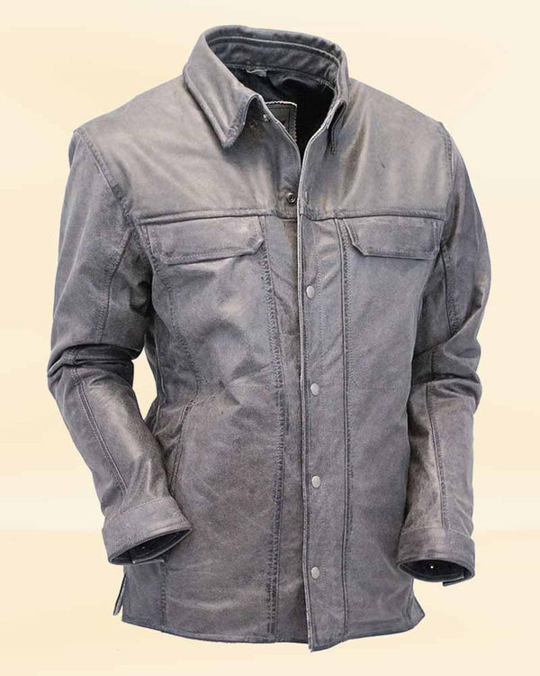 The classic vintage style of our Men's Vintage Gray Leather Shirt with Concealed Pockets, perfect for the American market