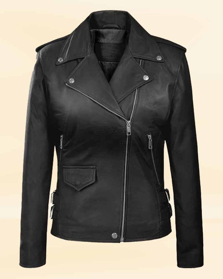 Upgrade your wardrobe with this trendy Hilary Duff leather jacket in American style