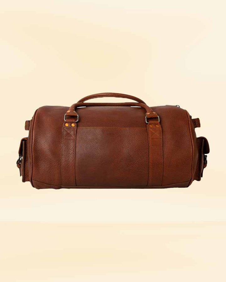 A spacious and stylish leather travel duffle bag, perfect for the American market