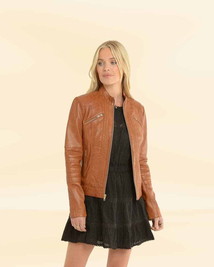 Women's tan leather biker jacket - perfect for riding