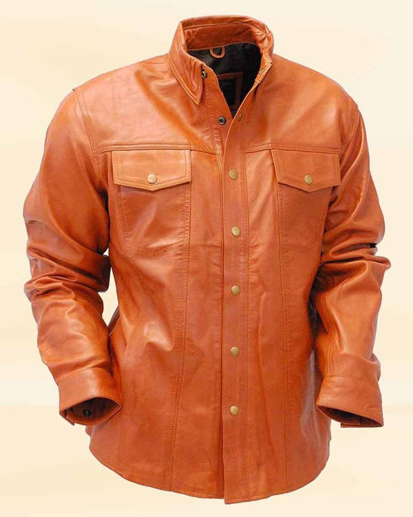 The rugged and vintage style of our Waxy Distressed Light Brown Leather Shirt, perfect for the American market