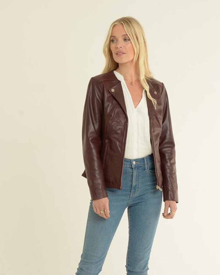 Stylish women's leather biker jacket in burgundy for the adventurous woman