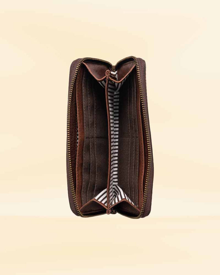 A stylish and functional leather wristlet wallet, perfect for the American market