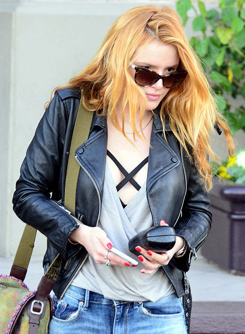 Leather jacket worn by Bella Thorne adds a touch of edge to her outfit in USA market