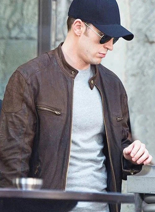Steve Rogers' iconic Captain America Brown Distressed Leather Jacket, a timeless addition to any wardrobe in USA market