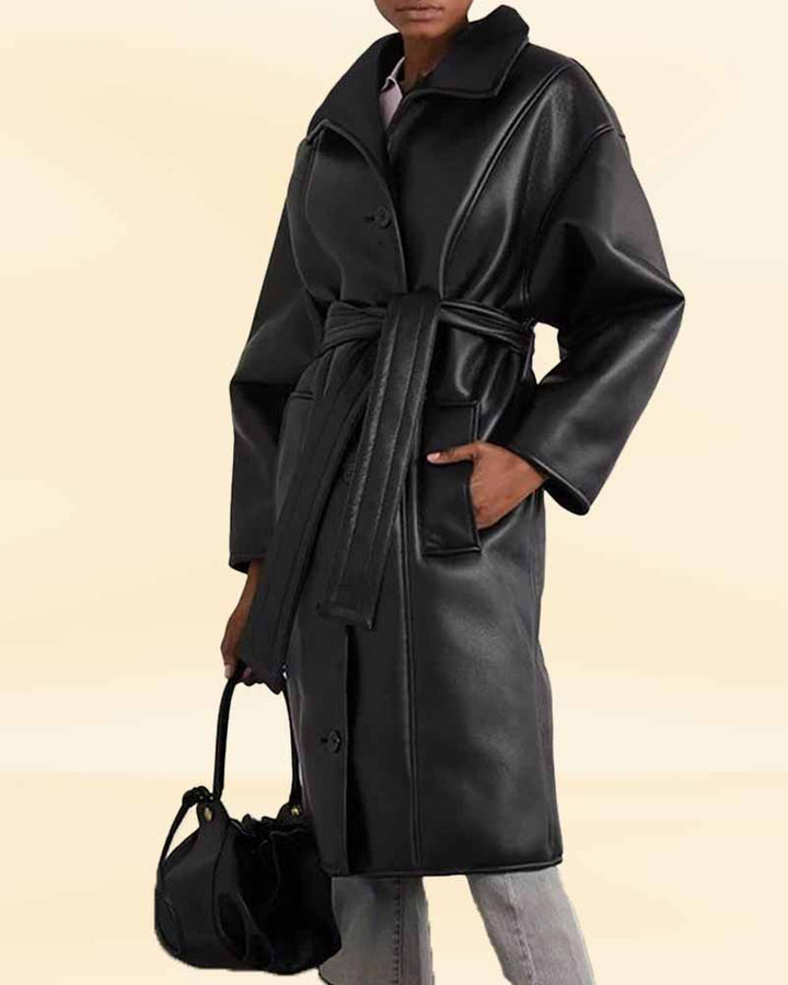 Luxurious wrap leather trench coat for women