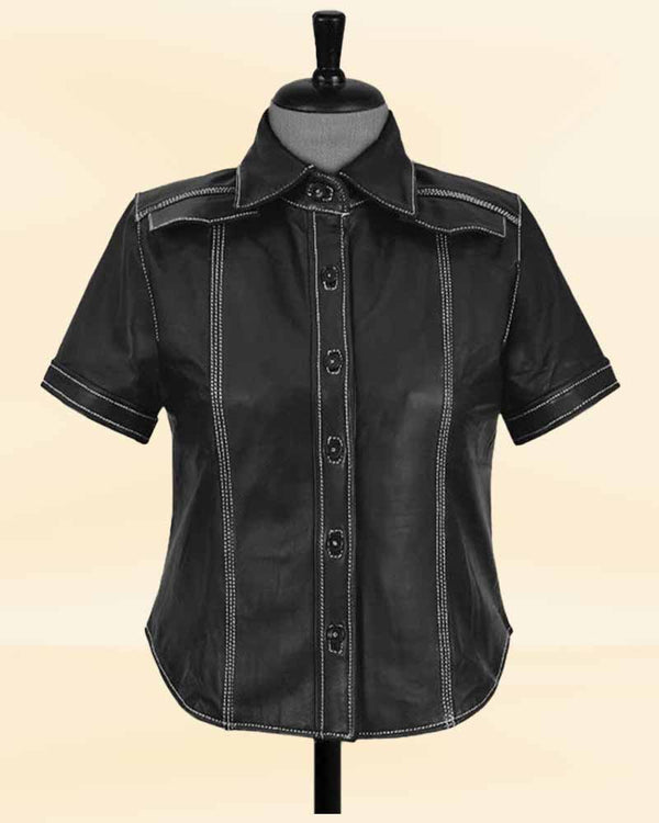 Sophie Turner-inspired black leather shirt for women in USA