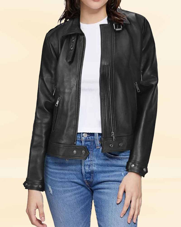 Stylish black lampskin leather jacket for women in USA
