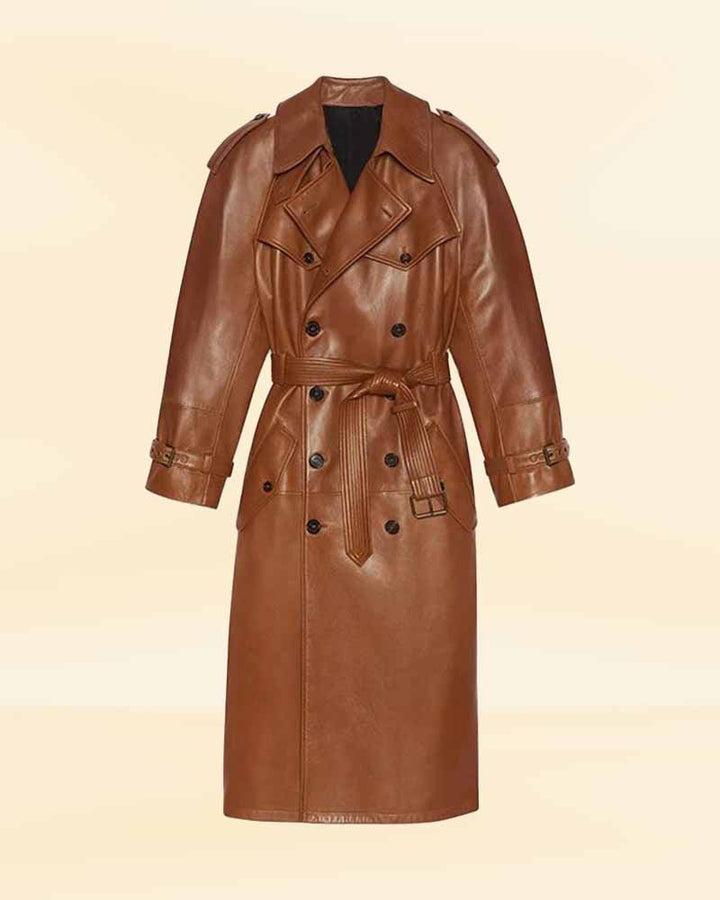 Upgrade your wardrobe with our classic brown leather trench coat