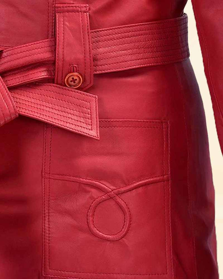 Eye-Catching Raspberry Red Leather Maxi Coat for Women