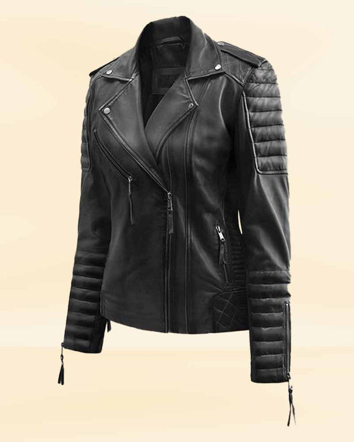 High-quality leather jacket in a burnt charcoal shade for women in USA