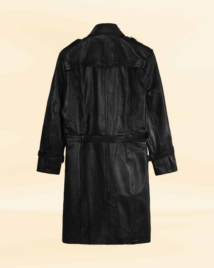 Durable black leather trench coat for any weather