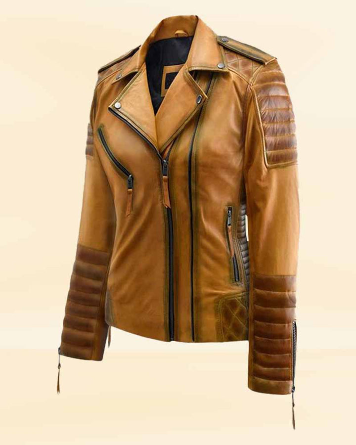 Women's burnt mustard leather jacket with a unique color in USA