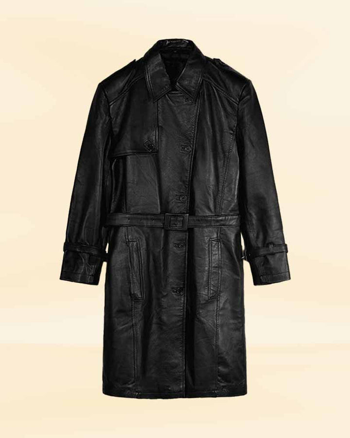 High-quality black leather trench coat for lasting comfort