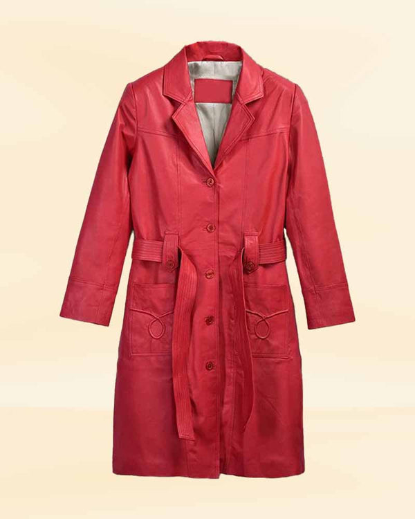 Striking Fiery Raspberry Red Leather Maxi Coat
