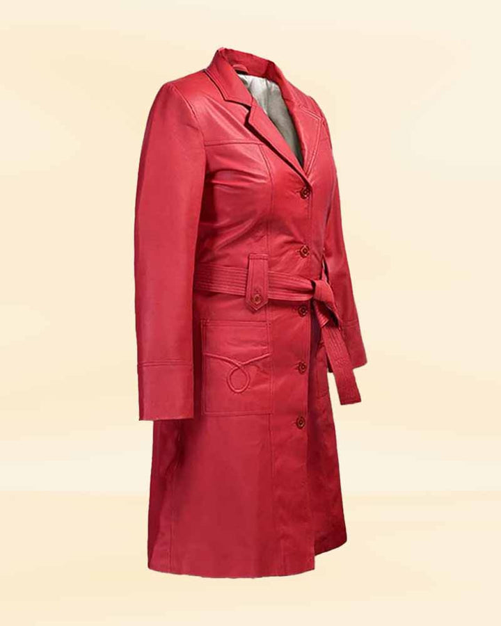 Luxurious Raspberry Red Leather Maxi Coat for Women
