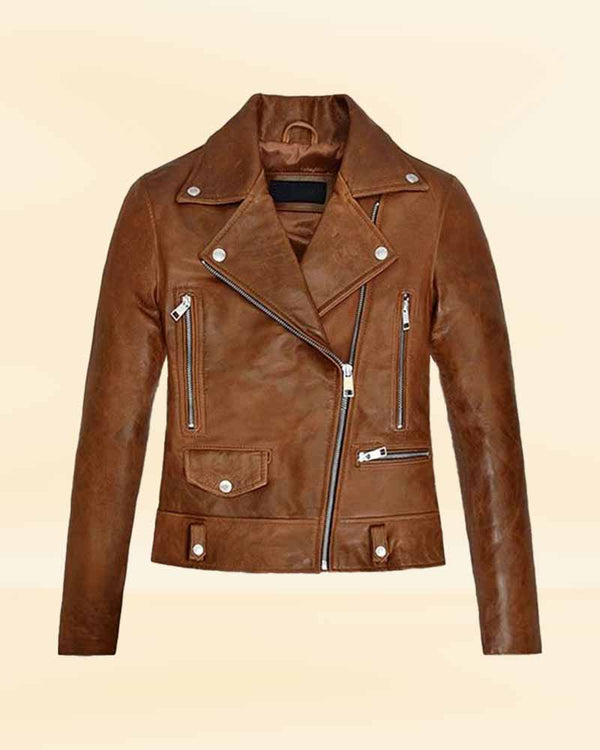 Women's stylish and versatile brown leather jacket in USA