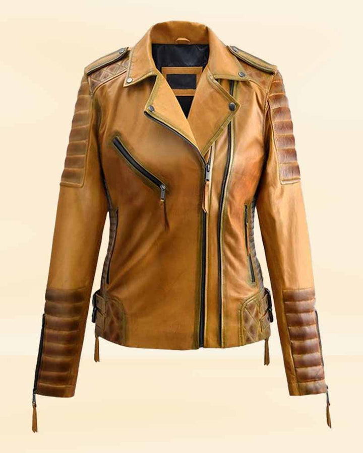 Stylish burnt mustard leather jacket for women in USA