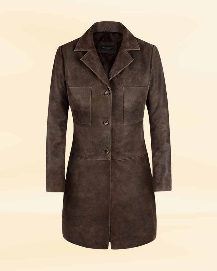 Stay stylish and warm with our vintage brown trench coat