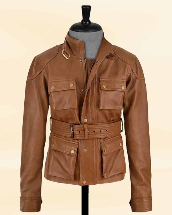 Fashionable brown leather jacket for women in USA