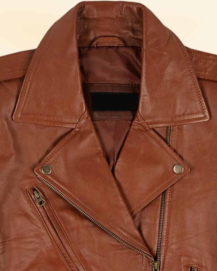 Elegant coffee leather jacket for women, designed in the spirit of Emma Watson in USA