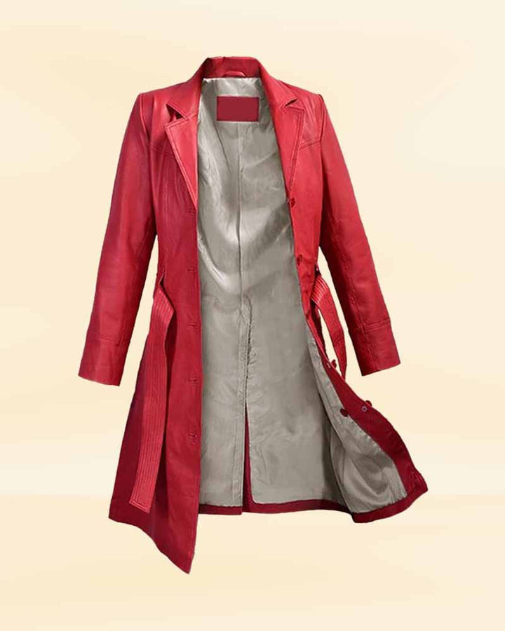Women's Fiery Raspberry Red Leather Maxi Coat - A Statement Piece