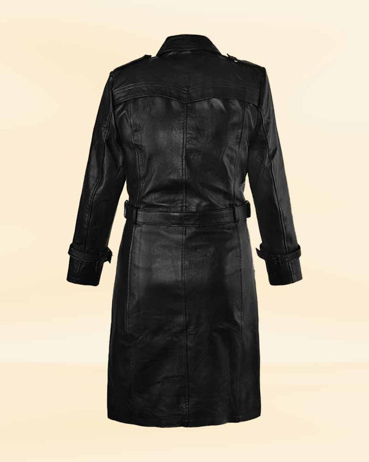 Classic black leather trench coat with a modern touch