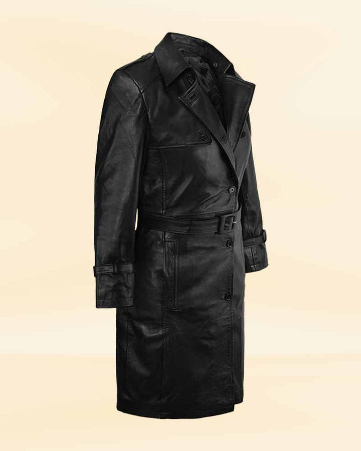 Chic black leather trench coat for a fashion-forward outfit