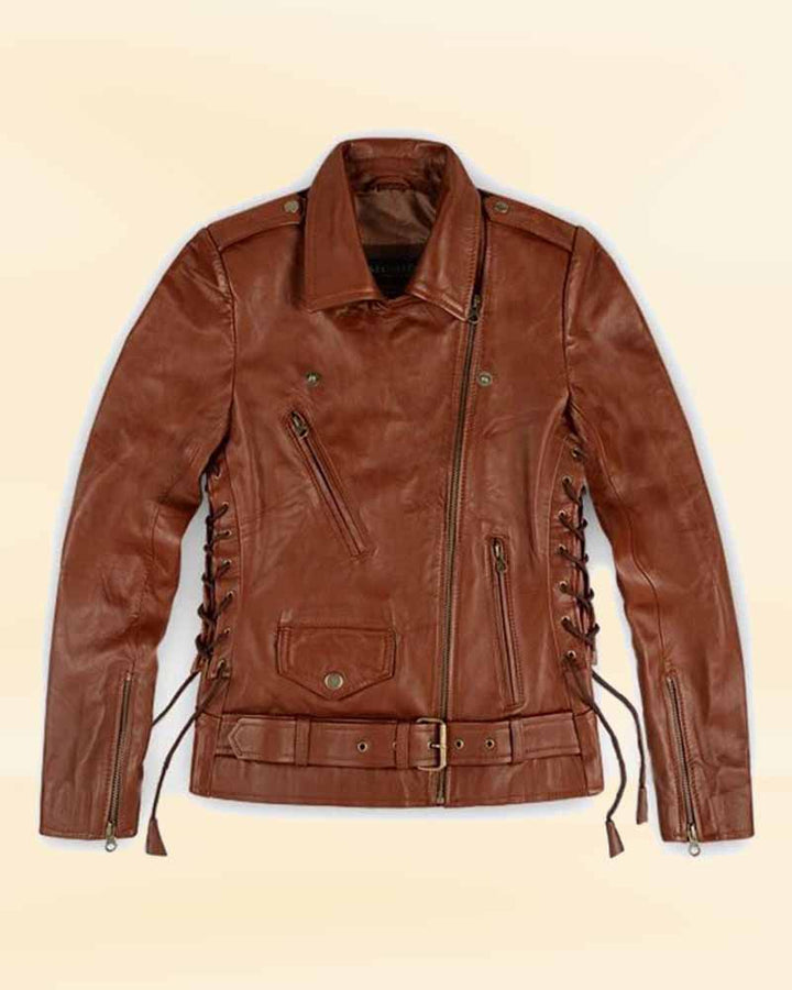 Fashionable coffee leather jacket inspired by Emma Watson's iconic style in USA