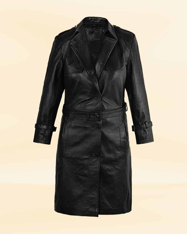 Sleek black leather trench coat for a sophisticated look