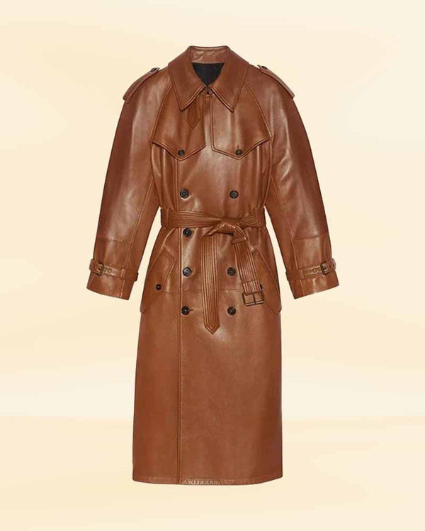 Stay warm and stylish this season with our brown leather trench coat