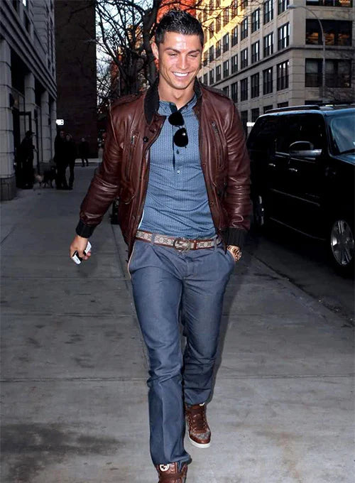 Ronaldo's sleek brown leather outerwear in USA market
